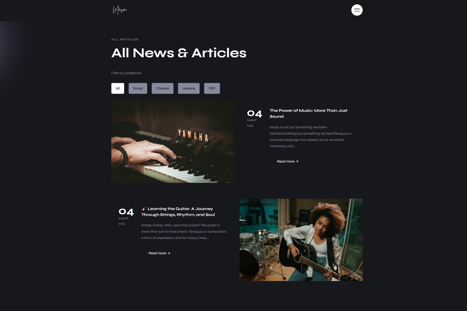 Project website for musician teacher page home